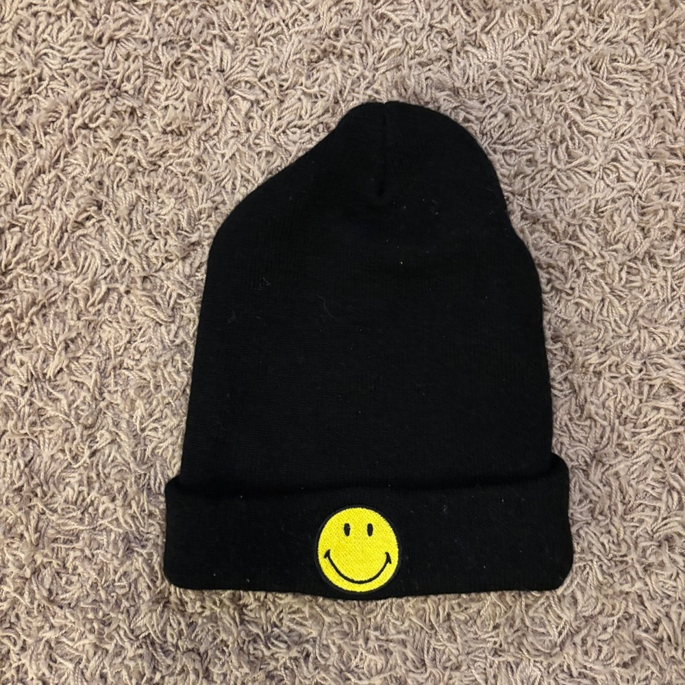 Black and Yellow Smiley Face Knit Hat